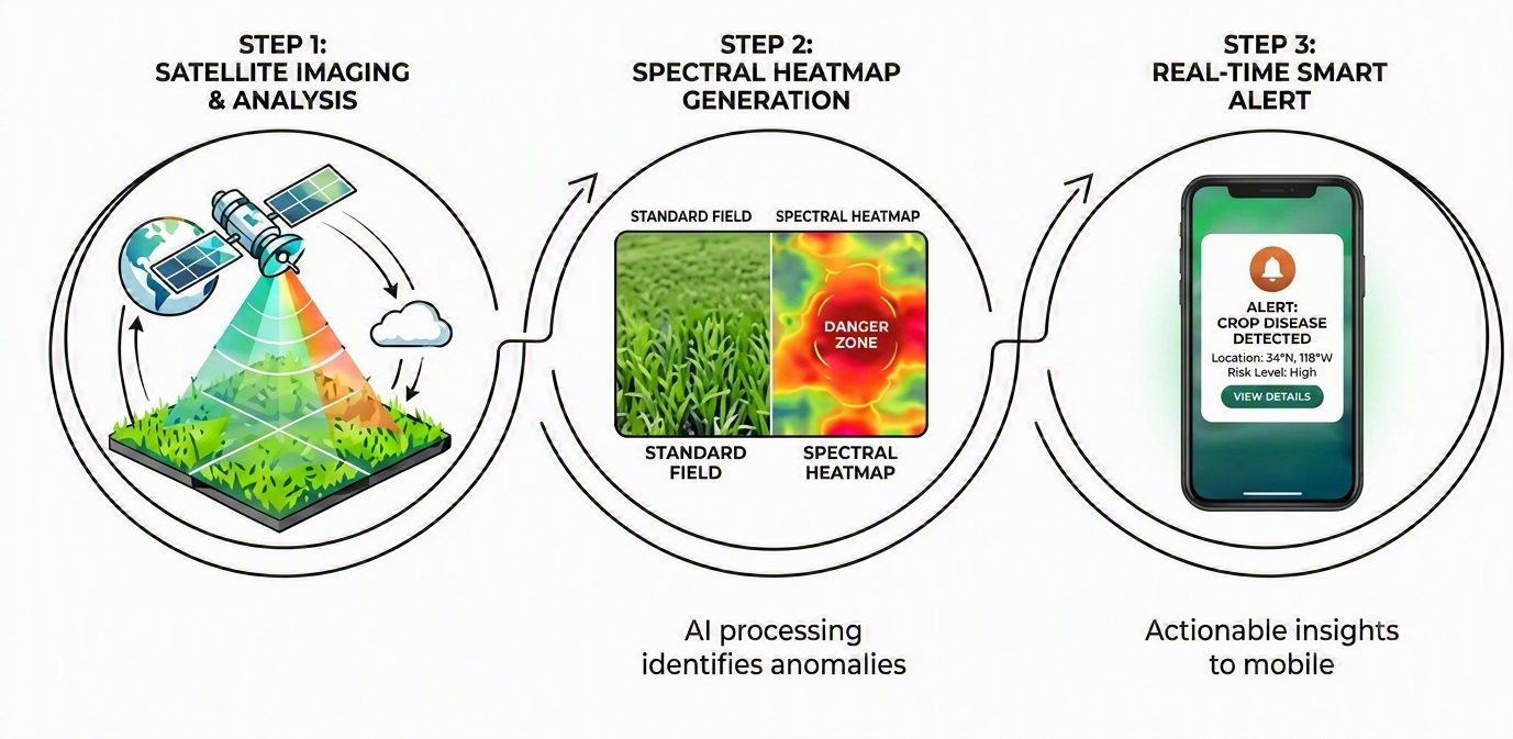 3-Step Sequence: Satellite Imaging, Spectral Heatmap, Real-Time Alert
